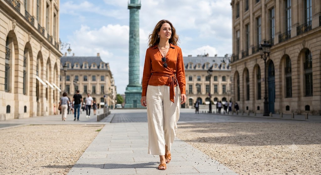 Rust Orange Wrap Blouse & Ivory Linen Culottes